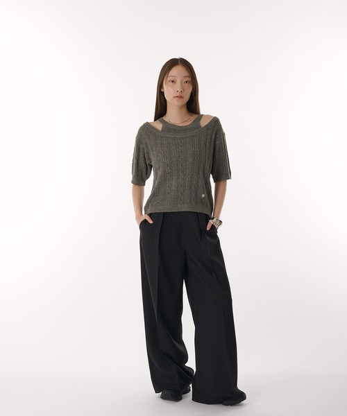 MUHET（ミュエータ）の「2 way glitter layered-look knit t-shirt / ラメレイヤード風ニットTシャツ（Tシャツ/カットソー・レディース・グレー/ネイビー・FREE）」の5枚目の写真