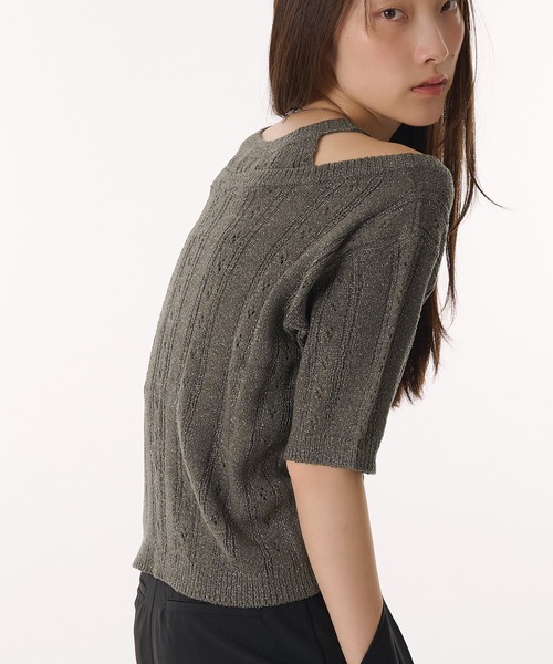 MUHET（ミュエータ）の「2 way glitter layered-look knit t-shirt / ラメレイヤード風ニットTシャツ（Tシャツ/カットソー・レディース・グレー/ネイビー・FREE）」の6枚目の写真
