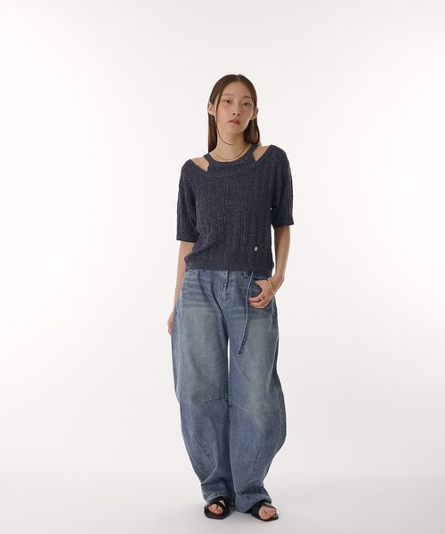 MUHET（ミュエータ）の「2 way glitter layered-look knit t-shirt / ラメレイヤード風ニットTシャツ（Tシャツ/カットソー・レディース・グレー/ネイビー・FREE）」の13枚目の写真