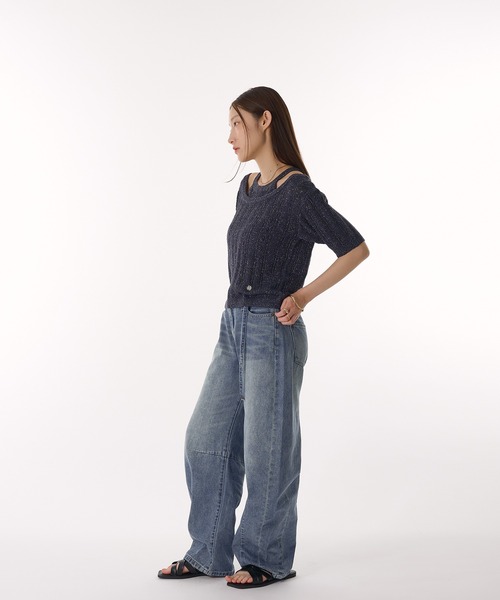 MUHET（ミュエータ）の「2 way glitter layered-look knit t-shirt / ラメレイヤード風ニットTシャツ（Tシャツ/カットソー・レディース・グレー/ネイビー・FREE）」の12枚目の写真