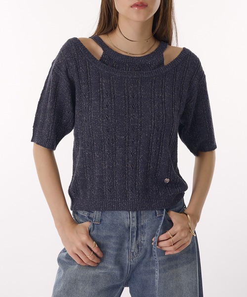 MUHET（ミュエータ）の「2 way glitter layered-look knit t-shirt / ラメレイヤード風ニットTシャツ（Tシャツ/カットソー・レディース・グレー/ネイビー・FREE）」の16枚目の写真