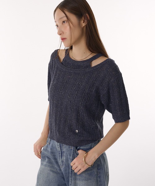MUHET（ミュエータ）の「2 way glitter layered-look knit t-shirt / ラメレイヤード風ニットTシャツ（Tシャツ/カットソー・レディース・グレー/ネイビー・FREE）」の15枚目の写真