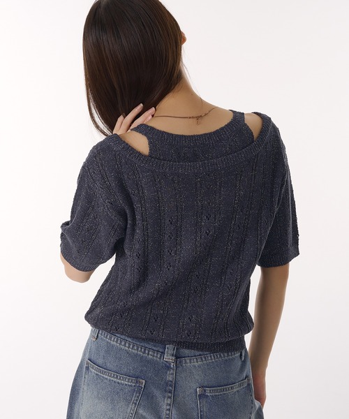 MUHET（ミュエータ）の「2 way glitter layered-look knit t-shirt / ラメレイヤード風ニットTシャツ（Tシャツ/カットソー・レディース・グレー/ネイビー・FREE）」の14枚目の写真