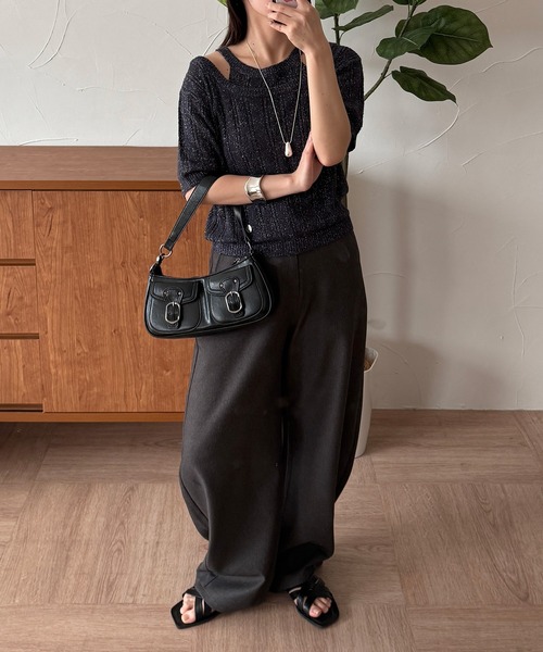 MUHET（ミュエータ）の「2 way glitter layered-look knit t-shirt / ラメレイヤード風ニットTシャツ（Tシャツ/カットソー・レディース・グレー/ネイビー・FREE）」の20枚目の写真