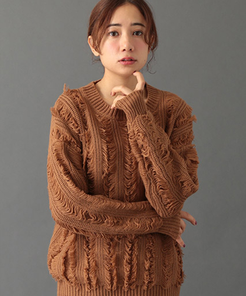 SEVENDAYS=SUNDAY(セブンデイズサンデイ)の「5Gフリンジプルオーバー(ニット/セーター・レディース・キャメル/杢グレー/オートミール・LARGE/MEDIUM)」の3枚目の写真