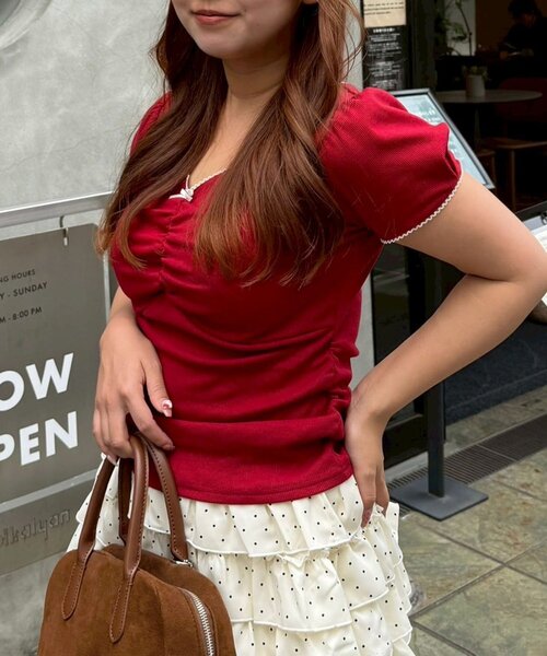 Another Branch olive des olive（アナザーブランチオリーブデオリーブ）の「【＠may_81oセレクト】テレコドロストギャザーT（Tシャツ/カットソー・レディース・ブラウン系その他/レッド/ベージュ系その他/ネイビー/オートミール/ドット・FREE）」の9枚目の写真