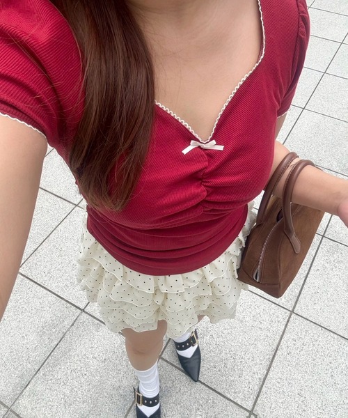 Another Branch olive des olive（アナザーブランチオリーブデオリーブ）の「【＠may_81oセレクト】テレコドロストギャザーT（Tシャツ/カットソー・レディース・ブラウン系その他/レッド/ベージュ系その他/ネイビー/オートミール/ドット・FREE）」の5枚目の写真