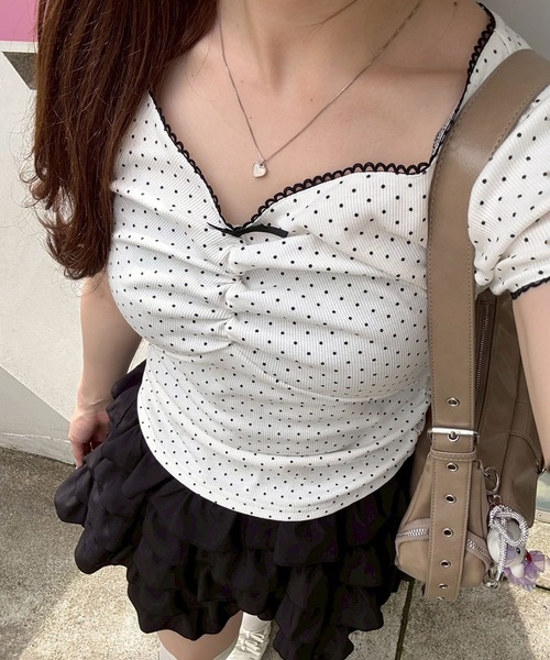 Another Branch olive des olive（アナザーブランチオリーブデオリーブ）の「【＠may_81oセレクト】テレコドロストギャザーT（Tシャツ/カットソー・レディース・ブラウン系その他/レッド/ベージュ系その他/ネイビー/オートミール/ドット・FREE）」の6枚目の写真