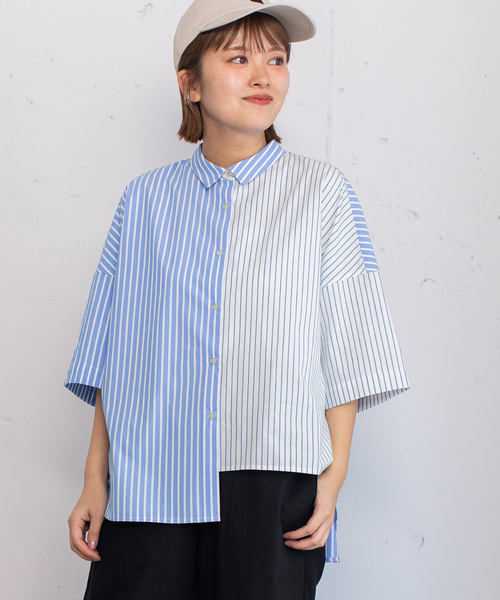 POU DOU DOU（プードゥドゥ）の「異素材ミックスボックスシャツ（シャツ/ブラウス・レディース・ブラック/オフホワイト/ブルー・M）」の3枚目の写真