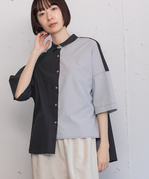 POU DOU DOU（プードゥドゥ）の「異素材ミックスボックスシャツ（シャツ/ブラウス・レディース・ブラック/オフホワイト/ブルー・M）」の2枚目の写真