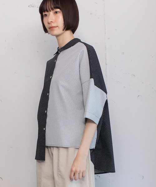 POU DOU DOU（プードゥドゥ）の「異素材ミックスボックスシャツ（シャツ/ブラウス・レディース・ブラック/オフホワイト/ブルー・M）」の5枚目の写真