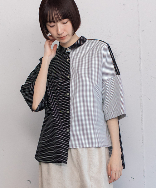 POU DOU DOU（プードゥドゥ）の「異素材ミックスボックスシャツ（シャツ/ブラウス・レディース・ブラック/オフホワイト/ブルー・M）」の8枚目の写真