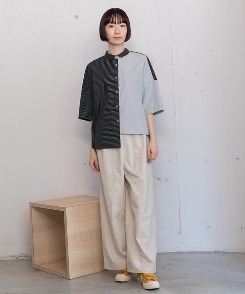 POU DOU DOU（プードゥドゥ）の「異素材ミックスボックスシャツ（シャツ/ブラウス・レディース・ブラック/オフホワイト/ブルー・M）」の9枚目の写真