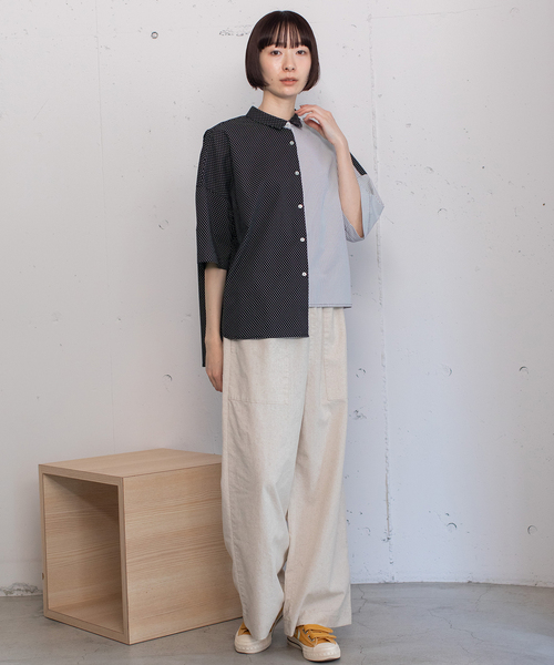 POU DOU DOU（プードゥドゥ）の「異素材ミックスボックスシャツ（シャツ/ブラウス・レディース・ブラック/オフホワイト/ブルー・M）」の10枚目の写真