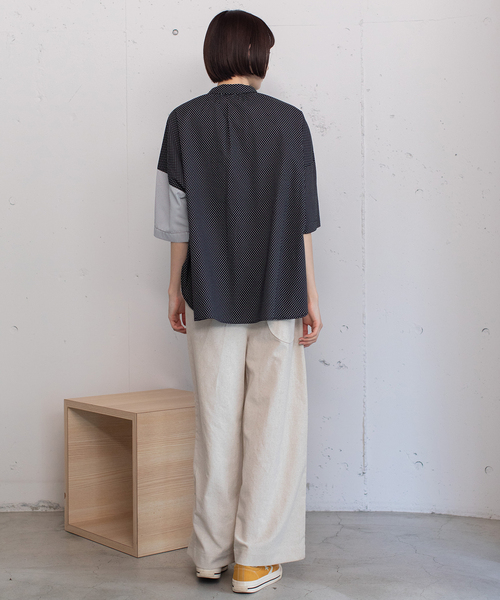 POU DOU DOU（プードゥドゥ）の「異素材ミックスボックスシャツ（シャツ/ブラウス・レディース・ブラック/オフホワイト/ブルー・M）」の12枚目の写真