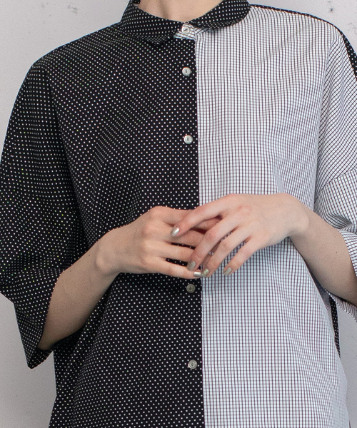POU DOU DOU（プードゥドゥ）の「異素材ミックスボックスシャツ（シャツ/ブラウス・レディース・ブラック/オフホワイト/ブルー・M）」の14枚目の写真