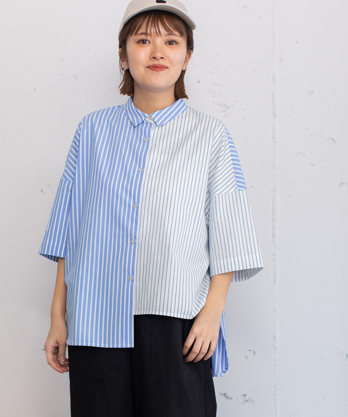 POU DOU DOU（プードゥドゥ）の「異素材ミックスボックスシャツ（シャツ/ブラウス・レディース・ブラック/オフホワイト/ブルー・M）」の16枚目の写真