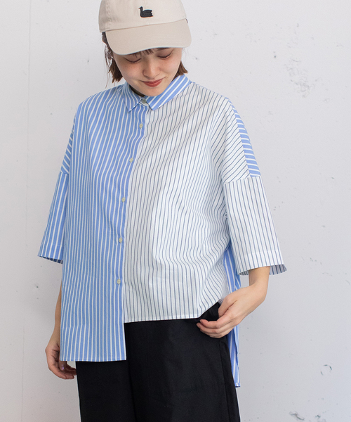 POU DOU DOU（プードゥドゥ）の「異素材ミックスボックスシャツ（シャツ/ブラウス・レディース・ブラック/オフホワイト/ブルー・M）」の17枚目の写真