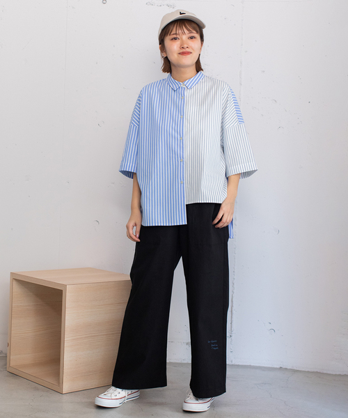 POU DOU DOU（プードゥドゥ）の「異素材ミックスボックスシャツ（シャツ/ブラウス・レディース・ブラック/オフホワイト/ブルー・M）」の20枚目の写真