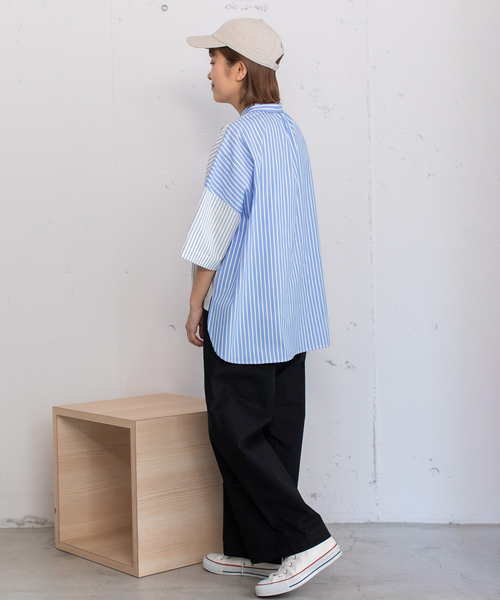 POU DOU DOU（プードゥドゥ）の「異素材ミックスボックスシャツ（シャツ/ブラウス・レディース・ブラック/オフホワイト/ブルー・M）」の22枚目の写真