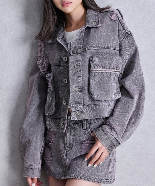 GYDA（ジェイダ）の「ZIP POCKETダメージショートデニムGジャン（デニムジャケット・レディース・ピンク/ブラック/ライトブルー・FREE）」の3枚目の写真