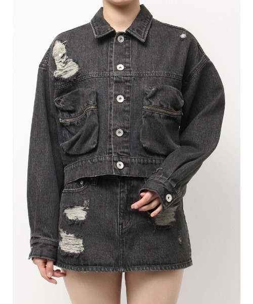 GYDA（ジェイダ）の「ZIP POCKETダメージショートデニムGジャン（デニムジャケット・レディース・ピンク/ブラック/ライトブルー・FREE）」の2枚目の写真