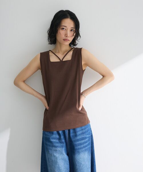 Green　Parks（グリーンパークス）の「マルチストラップテレコタンク（タンクトップ・レディース・オフホワイト/ブラック/ブラウン・FREE）」の16枚目の写真