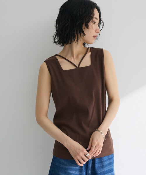 Green　Parks（グリーンパークス）の「マルチストラップテレコタンク（タンクトップ・レディース・オフホワイト/ブラック/ブラウン・FREE）」の3枚目の写真