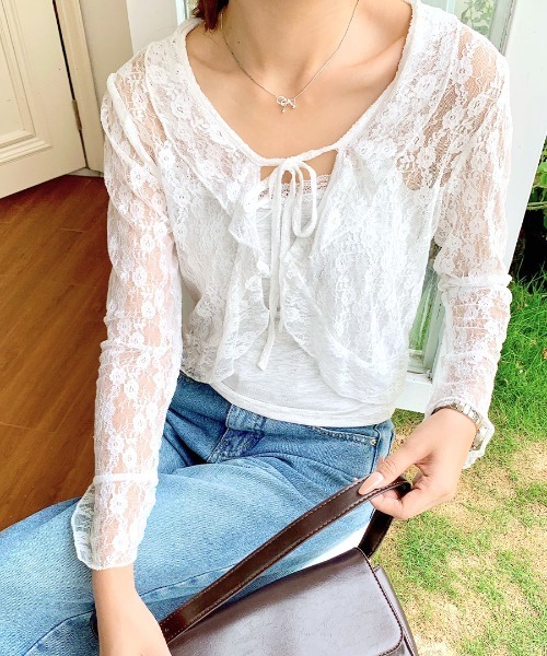 45R フリル×レース　カーディガン　コットン　ホワイト フリルレースカーディガン（カーディガン/ボレロ）｜apres jour