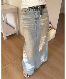 CHEER（チアー）の「レースプリントデニムロングスカート（デニムスカート）」