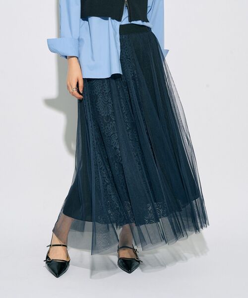 Editt by YECCA VECCA（エディットバイイェッカヴェッカ）の「【archive】レースブロッキングチュールスカート（スカート・レディース・マルチ/ネイビー・FREE）」の4枚目の写真