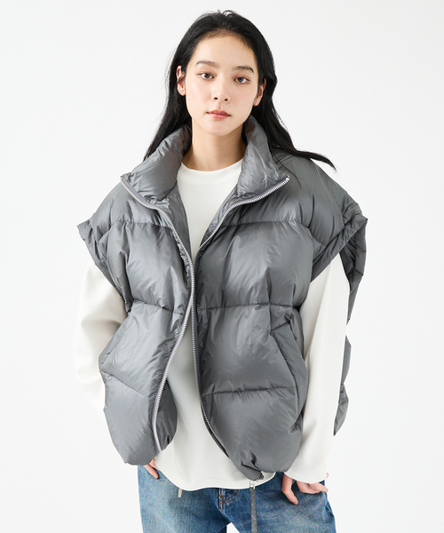 フード付きライトグレーのダウンベスト MENS】QUILTING DOWN VEST キルティング ダウンベスト / WINDSTOPPER(R