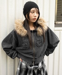 WEGO/ファーフードショートZIPパーカー