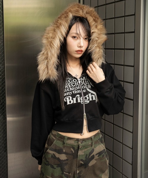 WEGO/【25年秋冬新作】ファーフードショートZIPパーカー（パーカー