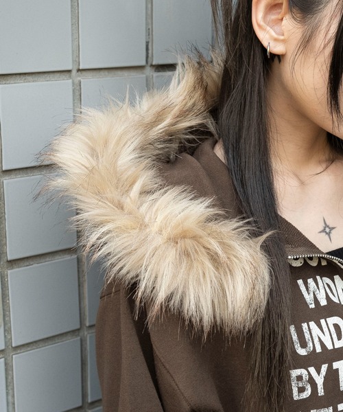 WEGO/【25年秋冬新作】ファーフードショートZIPパーカー（パーカー