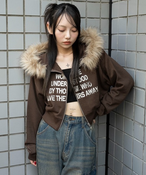 WEGO/【25年秋冬新作】ファーフードショートZIPパーカー（パーカー