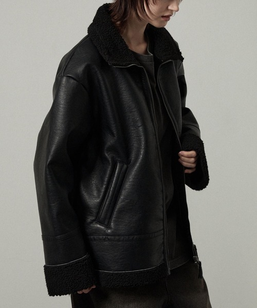 今週値下げ2万円で！大きめフード付きブラックムートンレザーコート セール】【Alfred Alex】ヴィンテージ加工 B-3 ハイネック ダブル