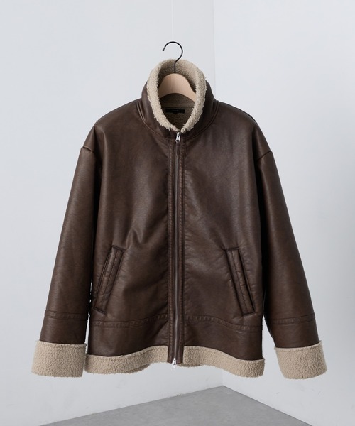 Alfred Alex（アルフレッドアレックス）の「【Alfred Alex】ヴィンテージ加工 B-3 ハイネック ダブルジップ ボアジャケット（ムートンコート・メンズ・ブラウン系/ブラック/ブラック系・L/M/S）」の10枚目の写真