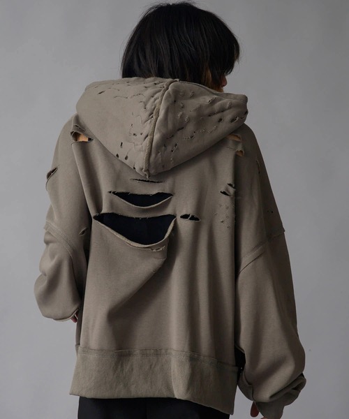 セール】Brushed Fleece Distressed Finish Zip-Up Hoodie / 裏起毛