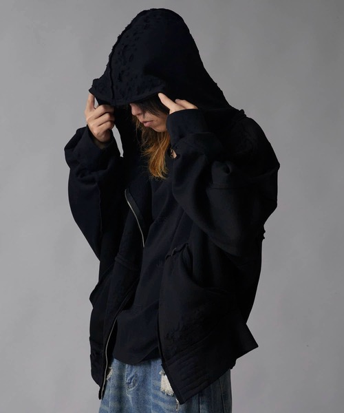 Theater code(シアターコード)の「Brushed Fleece Distressed Finish Zip-Up Hoodie / 裏起毛 ダメージ加工 ジップパーカー 2026年 夏 夏服メンズ(パーカー・メンズ・ブラック/グリーン・M/L)」の2枚目の写真