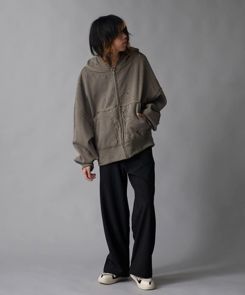 Theater code(シアターコード)の「Brushed Fleece Distressed Finish Zip-Up Hoodie / 裏起毛 ダメージ加工 ジップパーカー 2026年 夏 夏服メンズ(パーカー・メンズ・ブラック/グリーン・M/L)」の15枚目の写真