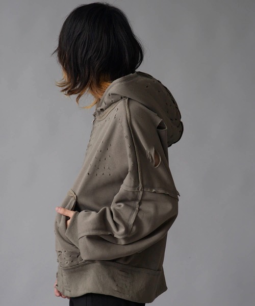 Theater code(シアターコード)の「Brushed Fleece Distressed Finish Zip-Up Hoodie / 裏起毛 ダメージ加工 ジップパーカー 2026年 夏 夏服メンズ(パーカー・メンズ・ブラック/グリーン・M/L)」の18枚目の写真