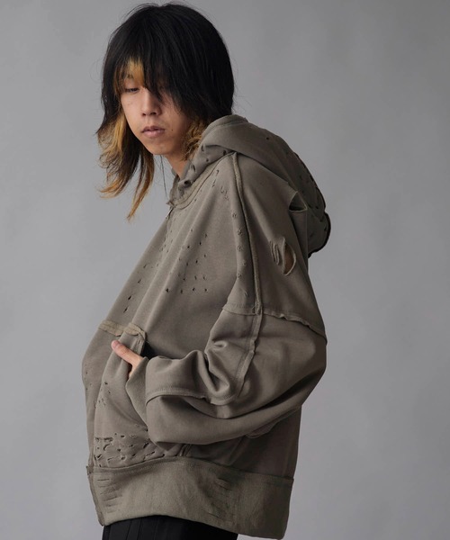 Theater code(シアターコード)の「Brushed Fleece Distressed Finish Zip-Up Hoodie / 裏起毛 ダメージ加工 ジップパーカー 2026年 夏 夏服メンズ(パーカー・メンズ・ブラック/グリーン・M/L)」の8枚目の写真
