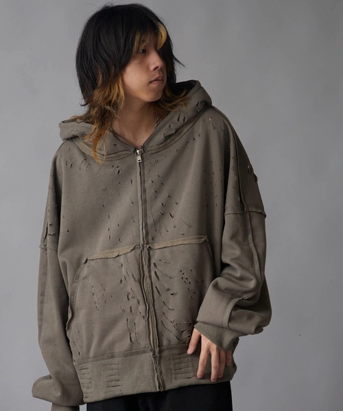 Theater code(シアターコード)の「Brushed Fleece Distressed Finish Zip-Up Hoodie / 裏起毛 ダメージ加工 ジップパーカー 2026年 夏 夏服メンズ(パーカー・メンズ・ブラック/グリーン・M/L)」の9枚目の写真