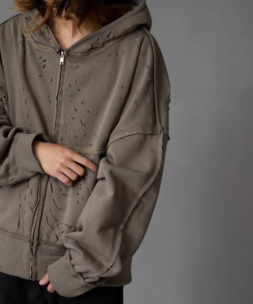 セール】Brushed Fleece Distressed Finish Zip-Up Hoodie / 裏起毛