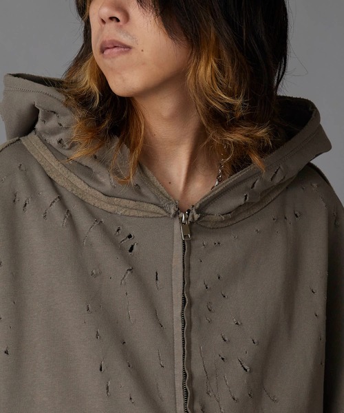Theater code(シアターコード)の「Brushed Fleece Distressed Finish Zip-Up Hoodie / 裏起毛 ダメージ加工 ジップパーカー 2026年 夏 夏服メンズ(パーカー・メンズ・ブラック/グリーン・M/L)」の10枚目の写真