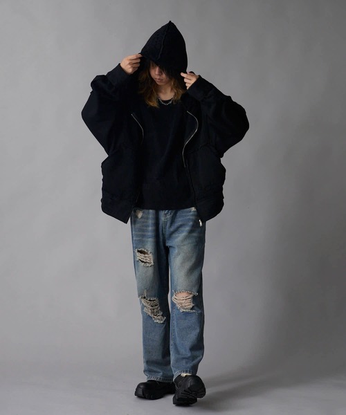 セール】Brushed Fleece Distressed Finish Zip-Up Hoodie / 裏起毛