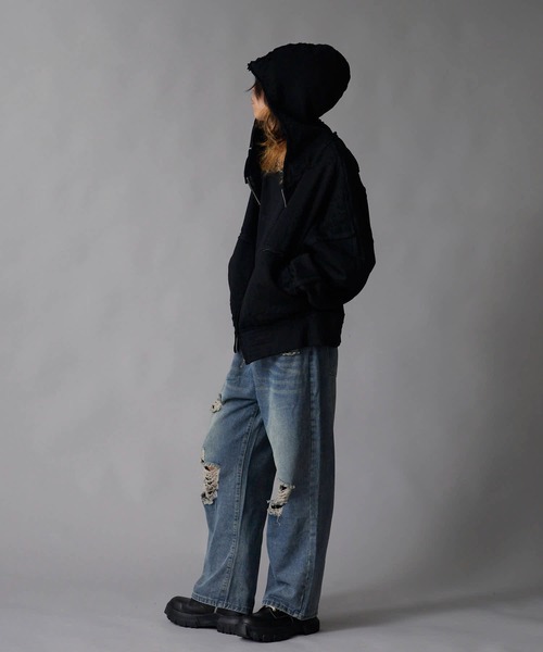 Theater code(シアターコード)の「Brushed Fleece Distressed Finish Zip-Up Hoodie / 裏起毛 ダメージ加工 ジップパーカー 2026年 夏 夏服メンズ(パーカー・メンズ・ブラック/グリーン・M/L)」の6枚目の写真