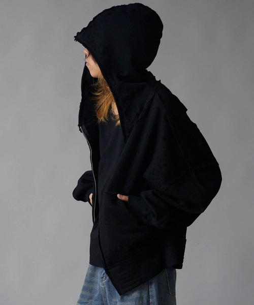 Theater code(シアターコード)の「Brushed Fleece Distressed Finish Zip-Up Hoodie / 裏起毛 ダメージ加工 ジップパーカー 2026年 夏 夏服メンズ(パーカー・メンズ・ブラック/グリーン・M/L)」の4枚目の写真