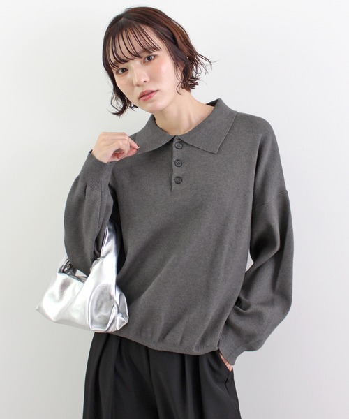 ABYS(アビス)の「【新色追加】襟付きポロカラーニットトップス(ニット/セーター・レディース・チャコールグレー/ネイビー/レッド/アイボリー/ライトグレー/イエロー・FREE)」の2枚目の写真
